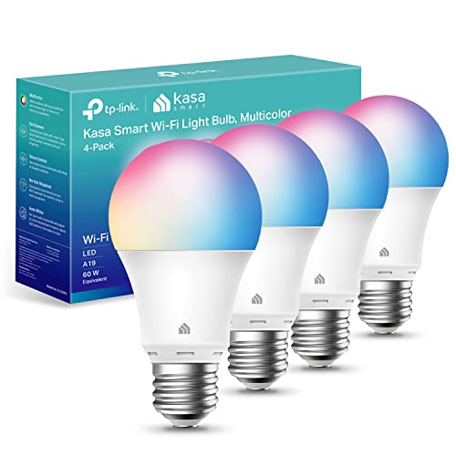Kasa Smart Light Bulbs, Full Color Changing Dimmable WiFi Bulbs Compatible with Alexa and Google Home, A19, 9W 800 Lumens,2.4Ghz only, No Hub Required, 4 Count (Pack of 1), Multicolor (KL125P4)