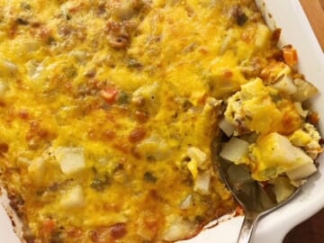 This sausage and potato breakfast casserole is so good and is great for a crowd! It