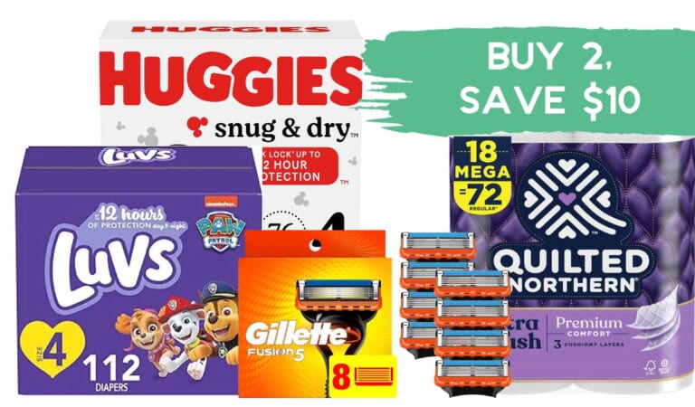 $10 Off wyb (2) Select Bath Tissue, Diapers, Razors