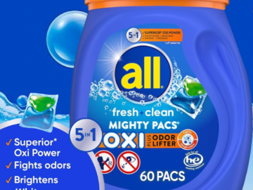 All Mighty 5-in-1 Laundry Detergent 60-Count Pacs as low as $6.67/Pack After Coupon when you buy 3 (Reg. $19.49) + Free Shipping –  11¢/Pac – With Oxi plus Odor Lifter
