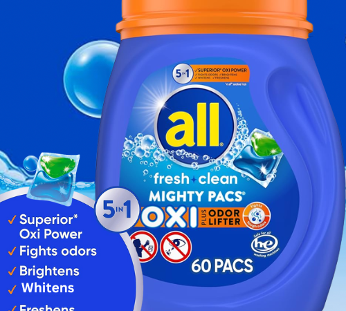 All Mighty 5-in-1 Laundry Detergent 60-Count Pacs as low as $6.67/Pack After Coupon when you buy 3 (Reg. $19.49) + Free Shipping –  11¢/Pac – With Oxi plus Odor Lifter