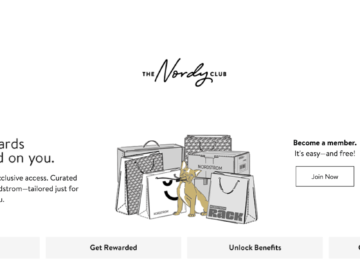 screenshot showing nordstrom nordy club signup page. illustration of dog sitting amid shopping bags