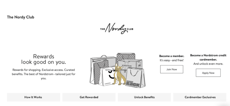 screenshot showing nordstrom nordy club signup page. illustration of dog sitting amid shopping bags