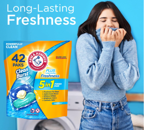 Arm & Hammer Clean Burst Laundry Detergent Power Paks, 42-Count as low as $5.58 when you buy 4 (Reg. $10) + Free Shipping – 13¢/Pak