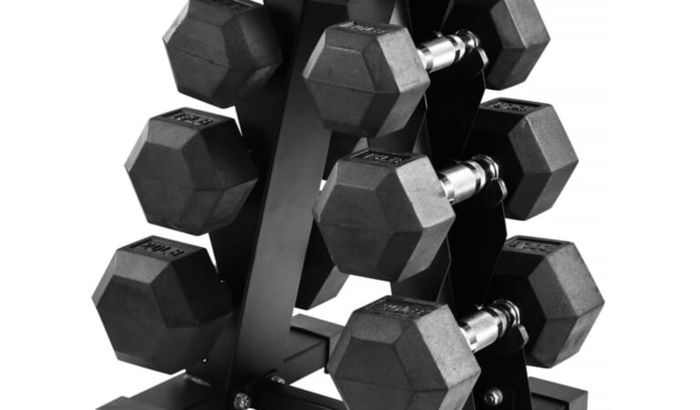 BalanceFrom 100-lb. Rubber Coated Hex Dumbbell Weight Set with A-Frame Rack for $100 + free shipping