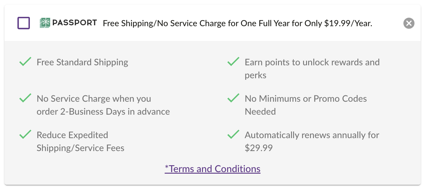 screenshot of 1800flowers passport program benefits