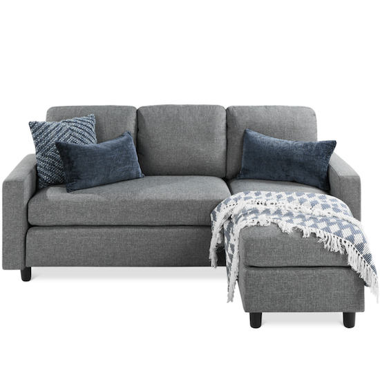 Linen Sectional Sofa Couch with Chaise Lounge Reversible Ottoman Bench