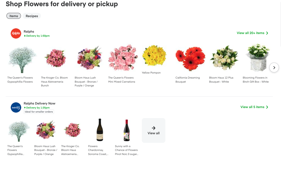 Instacart screenshot of flower delivery options