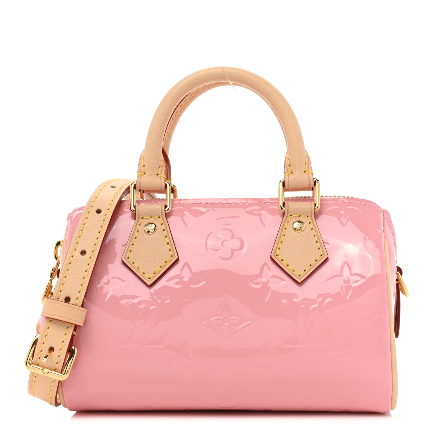 image of LOUIS VUITTON Vernis Monogram Nano Speedy in the color Mochi Pink by FASHIONPHILE