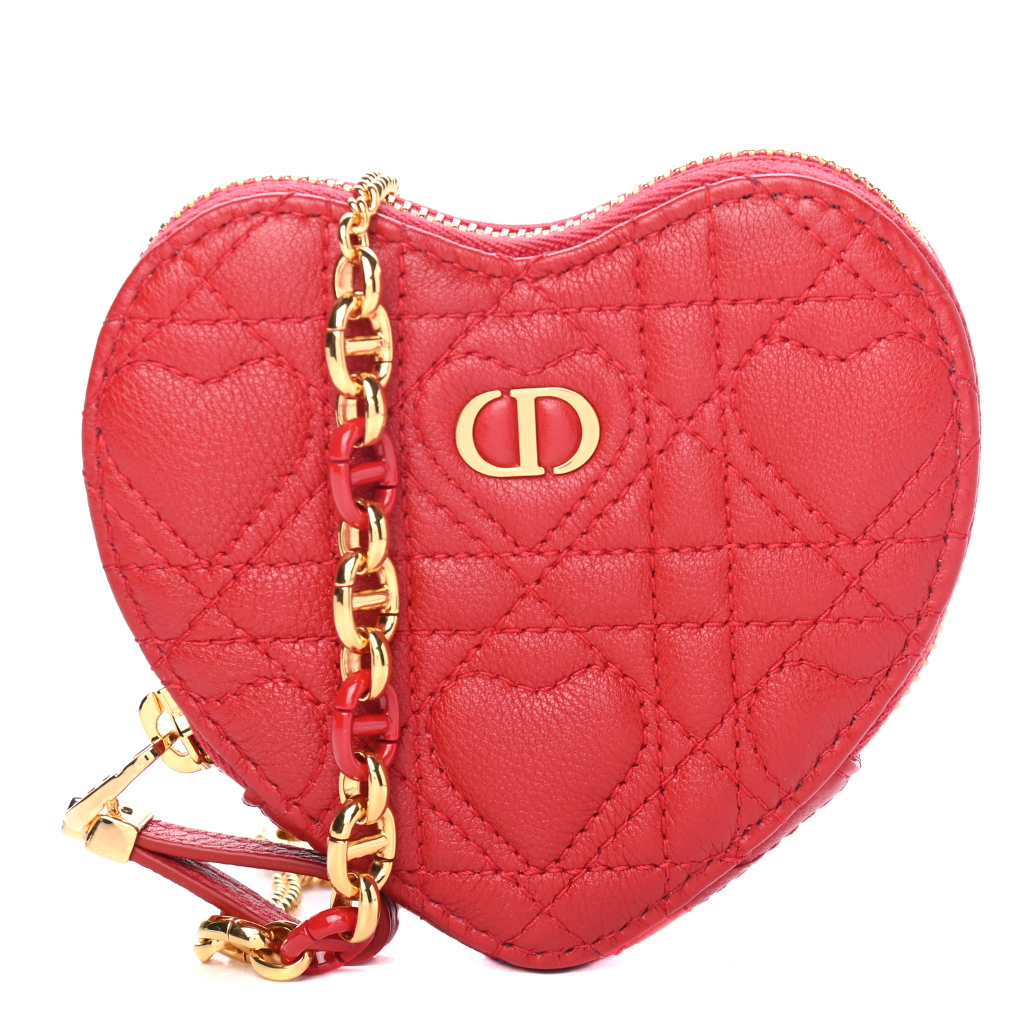 image of CHRISTIAN DIOR Calfskin Cannage Dioramour Caro Heart Pouch With Chain in the color Bright Red by FASHIONPHILE