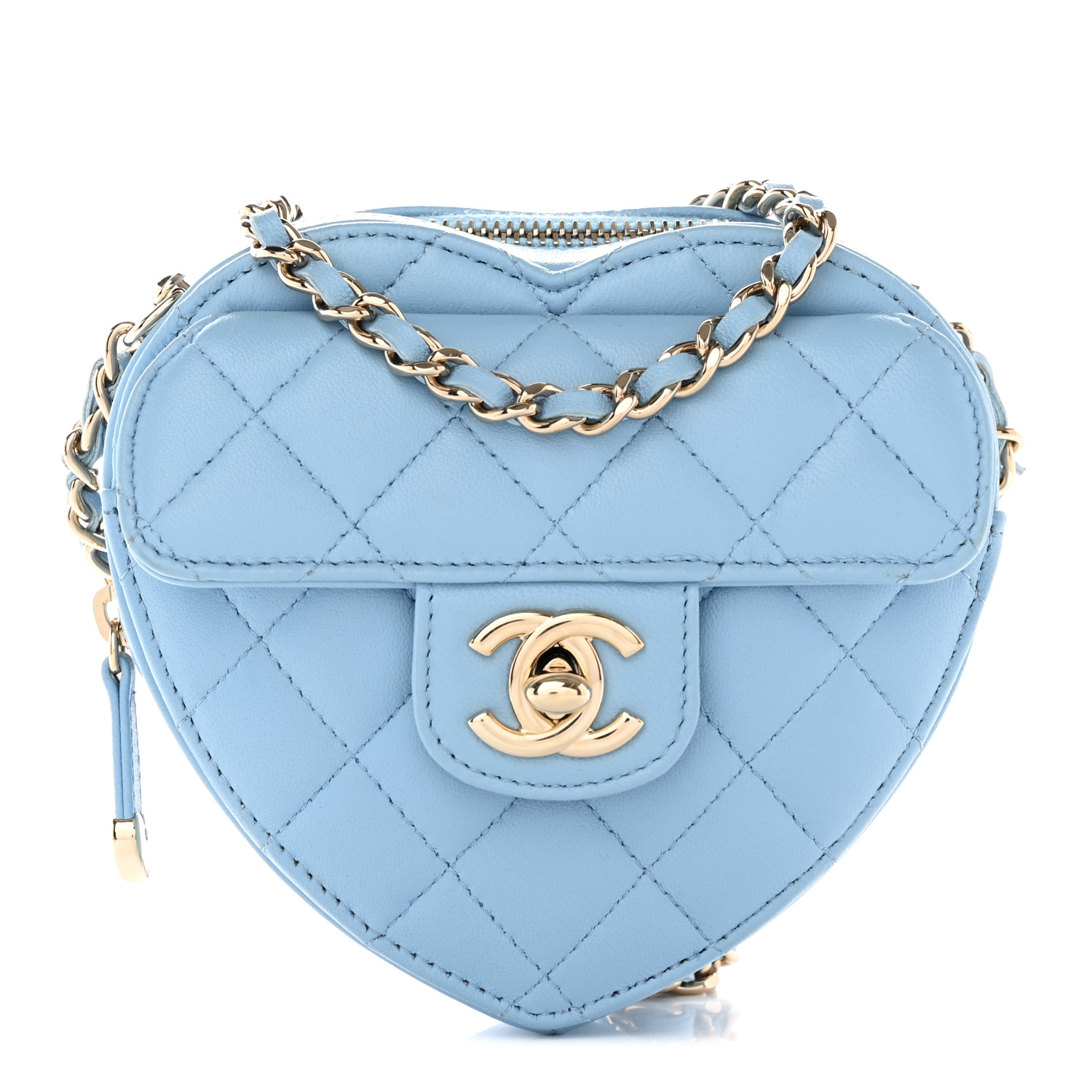 image of CHANEL Lambskin Quilted CC In Love Heart Clutch With Chain in the color Light Blue