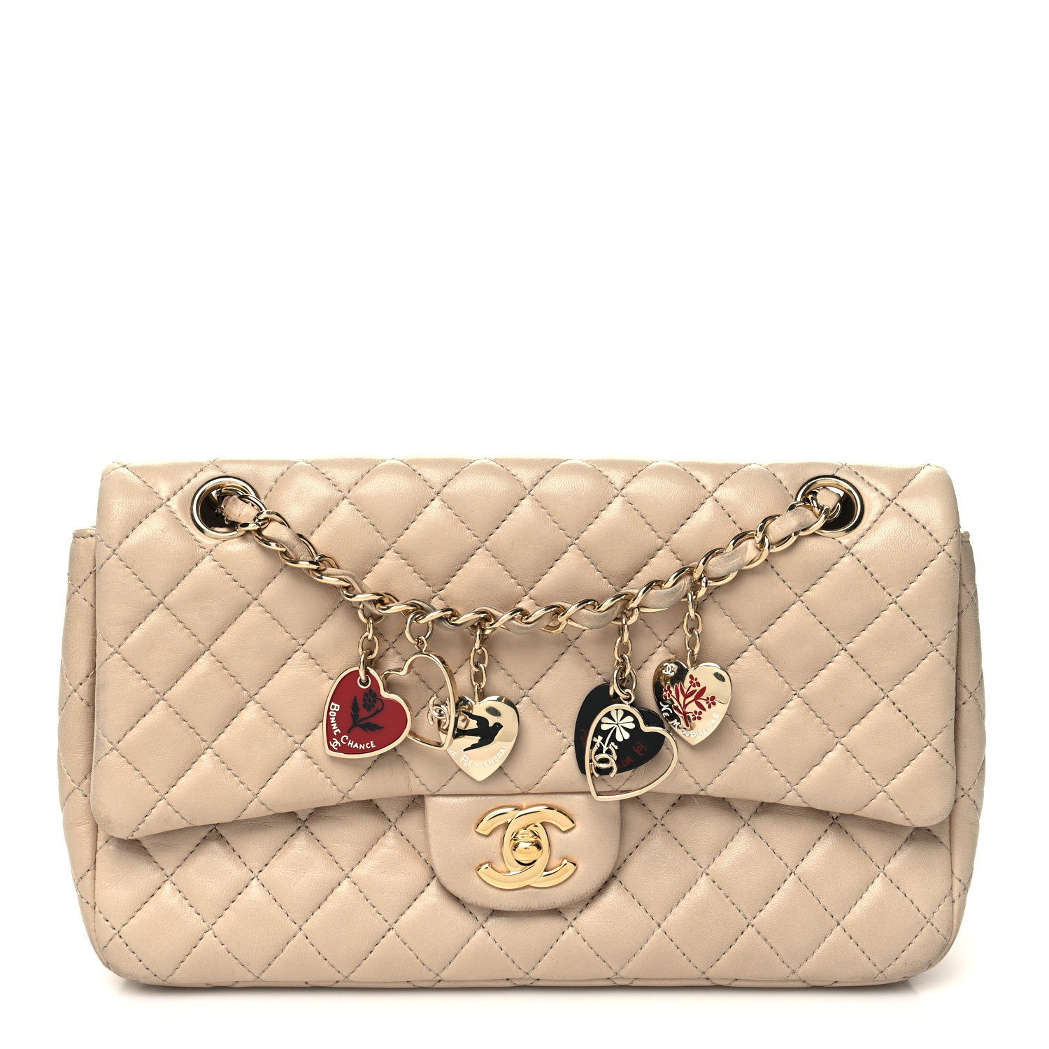 image of CHANEL Lambskin Quilted Valentine Charms Medium Single Flap in the color Beige by FASHIONPHILE