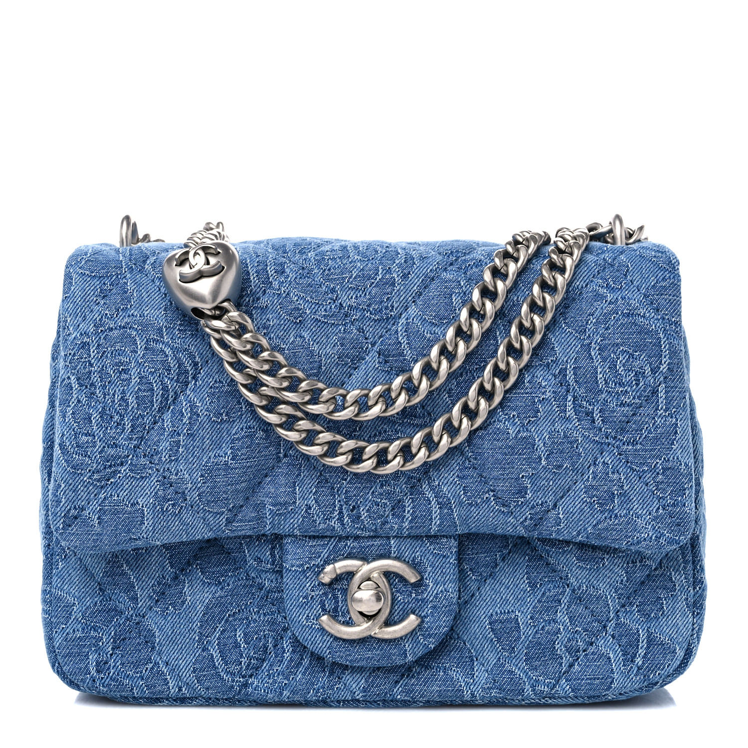 image of CHANEL Denim Quilted Camellia Sweetheart Mini Flap in the color Blue by FASHIONPHILE