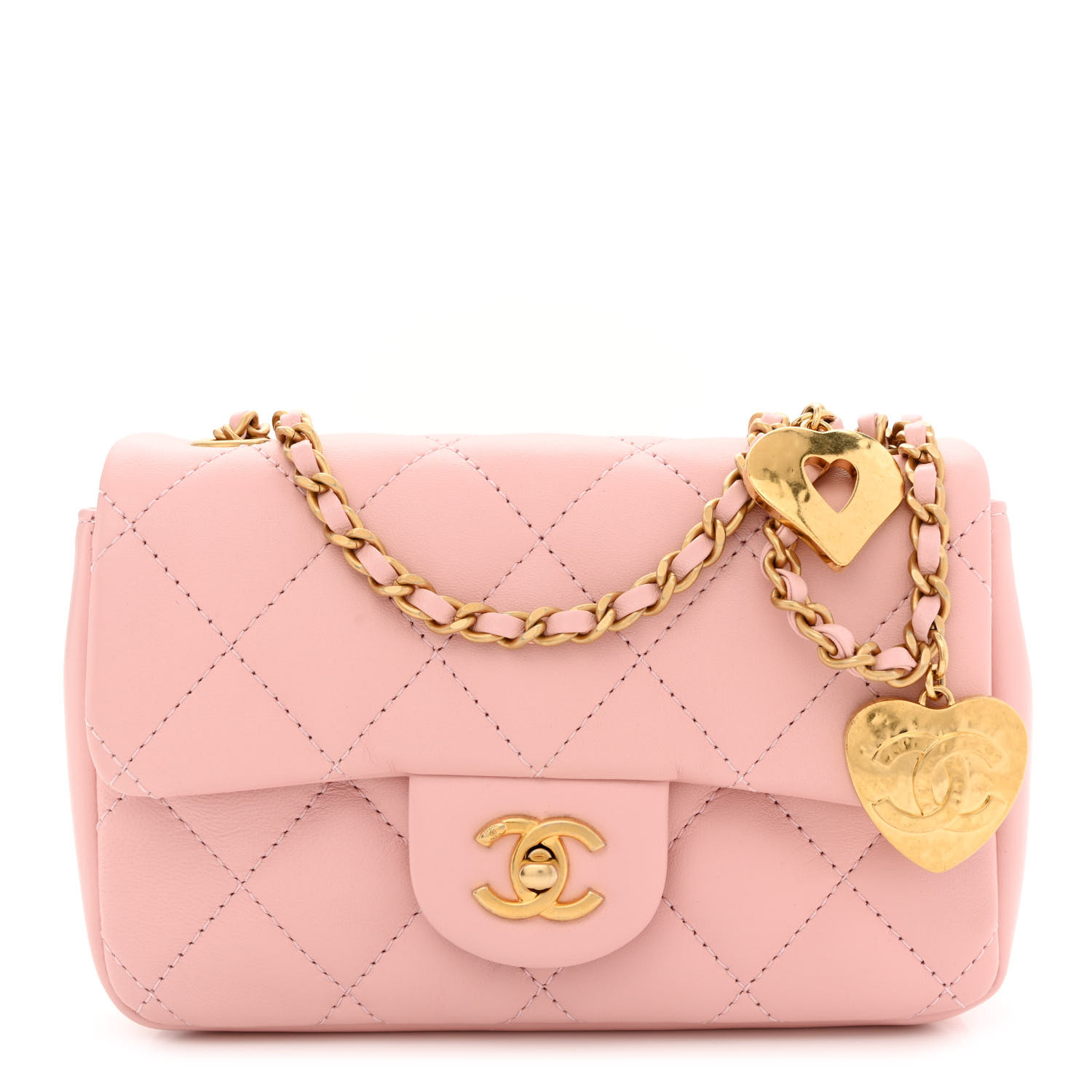image of CHANEL Lambskin Quilted Heart Charms Mini Flap in the color Light Pink by FASHIONPHILE