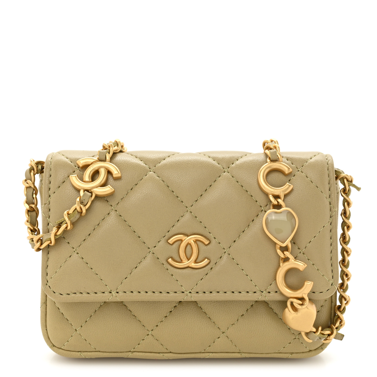 image of CHANEL Lambskin Enamel Quilted Coco Hearts Clutch With Chain in the color Light Green by FASHIONPHILE