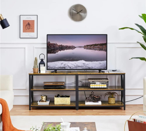 Enhance your living space with this Vintage 3-layer TV Stand with Power Outlet for TV up to 70″, Rustic Brown for just $109 Shipped Free (Reg. $129.99)