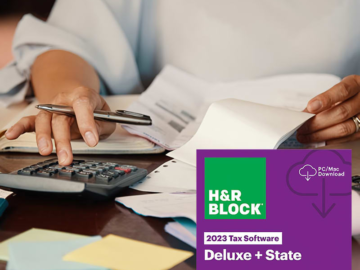 H&R Block Tax Deluxe Federal/State 2023 w/ Tax Prep & Deduction Bundle for $40
