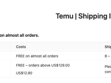 table showing Temu's shipping policy