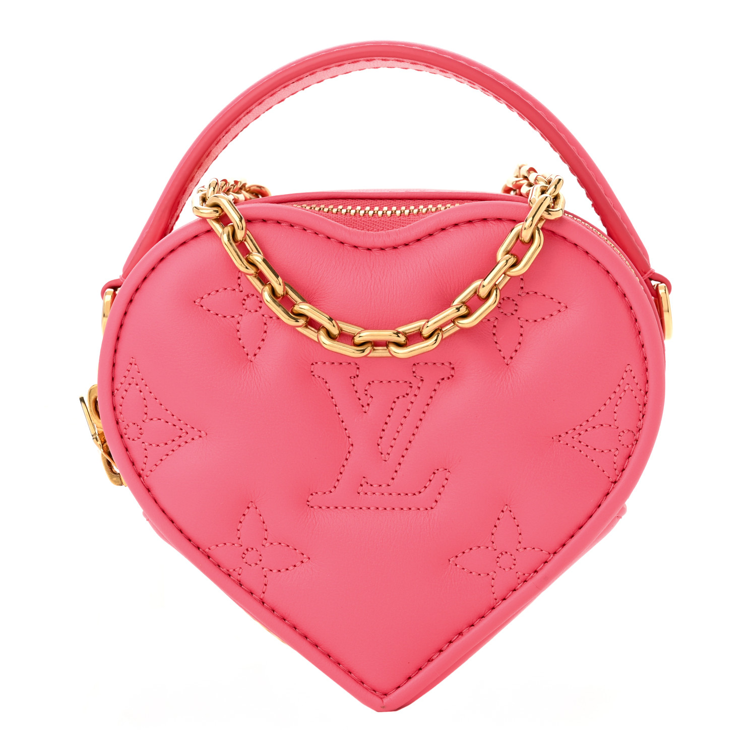 image of LOUIS VUITTON Calfskin Embroidered Monogram Pop My Heart Bag Pouch in the color Dragon Fruit Pink by FASHIONPHILE