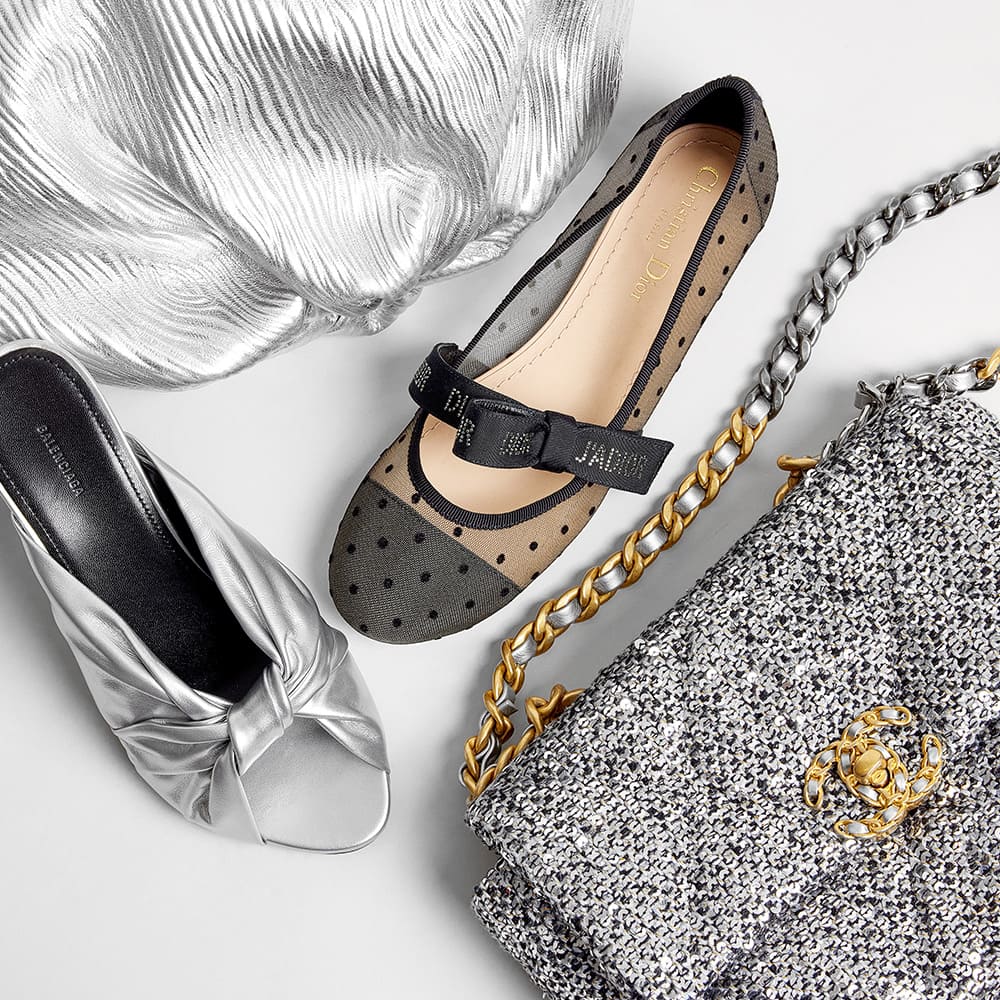 silver and metallic bags and accessories including chanel 19 bag, bottega veneta pouch and dior ballet flats by FASHIONPHILE