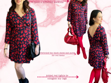 Freshen Up Your Closet 101: Navy blue and red floral wrap dress, red purse, black purse, red booties, black sock booties, red tights