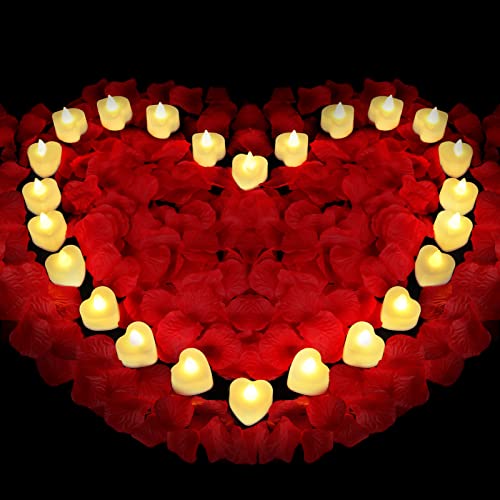 Red Rose Petals Set, 1000 Pieces Artificial Rose Petals with 24 Pieces LED Tea Lights Candles,Rose Petals for Romantic Night for Her set, Proposal Decorations for Women, Wedding, Bedroom, Anniversary