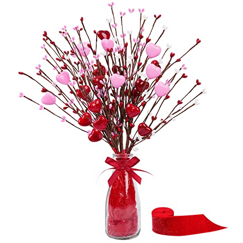 Shitailu Valentine’s Day Gifts, Artificial Red Berry Flower Stems Heart Shaped Berry Picks 4 Pcs for Valentine’s Day, Mother’s Day Chrismas, Wedding, Propose(NO VASE)