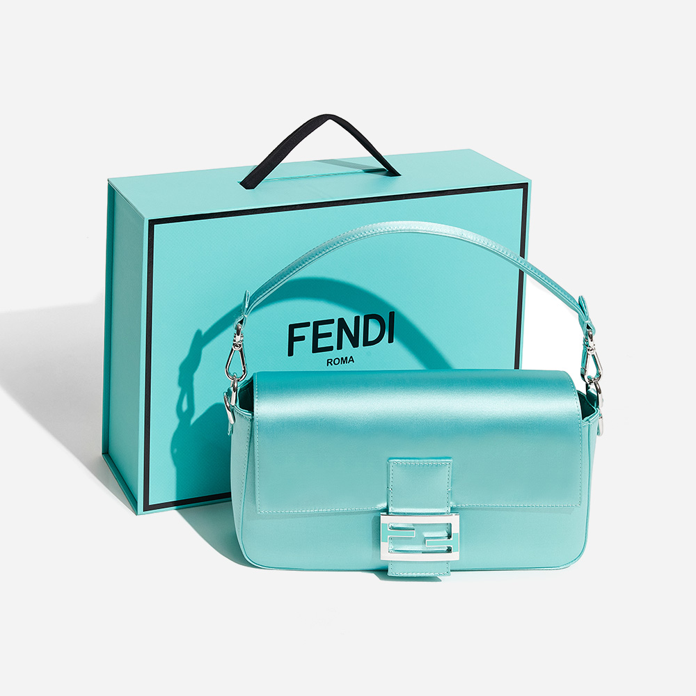 image of limited edition fendi x tiffany blue baguette bag with box by FASHIONPHILE