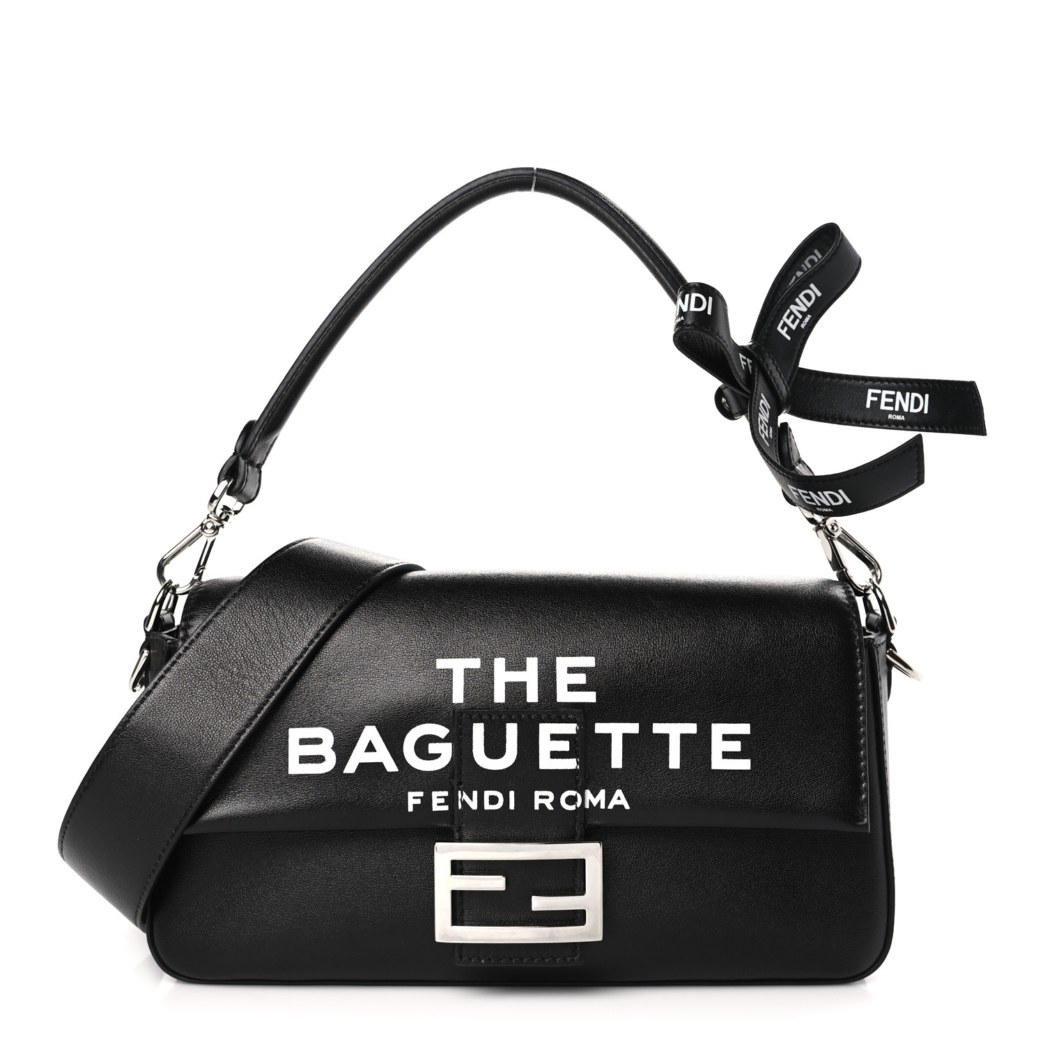 image of FENDI X MARC JACOBS Nappa Logo Medium Baguette in the color Black by FASHIONPHILE