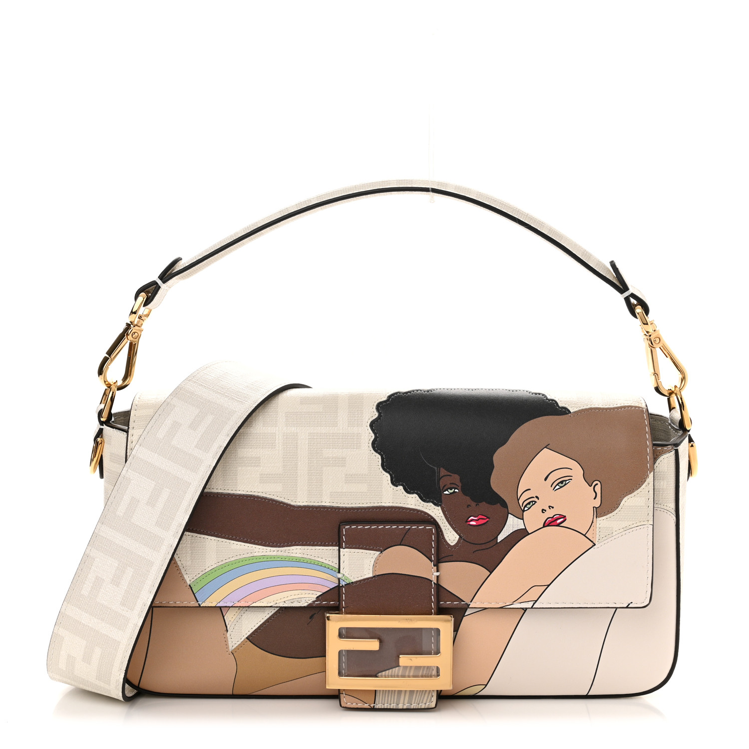 FENDI Glazed Fabric FF Bikini Girls Inlay Baguette Bianco Perla Multicolor image of FENDI Glazed Fabric FF Bikini Girls Inlay Baguette in the colors Bianco Perla Multicolor by FASHIONPHILE