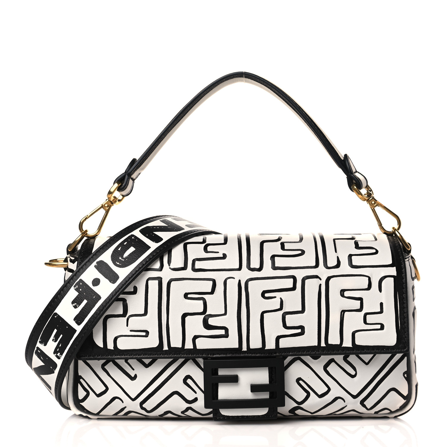 image of FENDI X JOSHUA VIDES Nappa FF Embossed Baguette in the colors White and Black by FASHIONPHILE