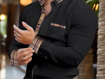 Littrendy Men's Color Block Lapel Shirt for $9 + $5 s&h