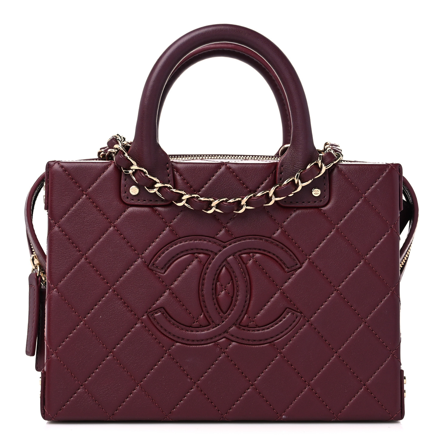 image of CHANEL Calfskin Quilted Studded Square Vanity Case in the color Burgundy by FASHIONPHILE