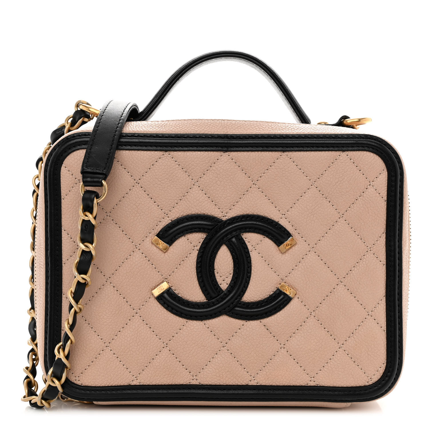 image of CHANEL Caviar Quilted Medium CC Filigree Vanity Case in the colors Beige and Black by FASHIONPHILE