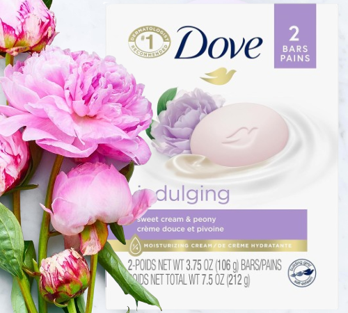 Dove 2-Pack Indulging Sweet Cream & Peony Moisturizing Bar Soap as low as $2.69/Box when you buy 4 (Reg. $4.49) + Free Shipping – $1.35/Bar