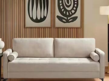 Goodwin Mid-Century Modern Square Arm Fabric Sofa with Throw Pillows in Sand Beige