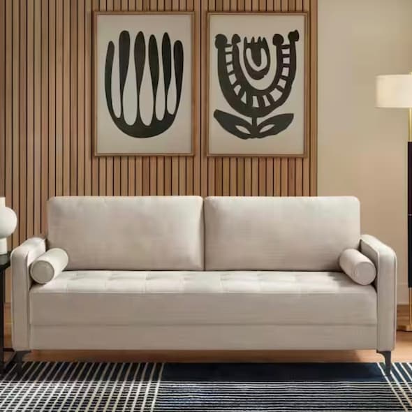 Goodwin Mid-Century Modern Square Arm Fabric Sofa with Throw Pillows in Sand Beige