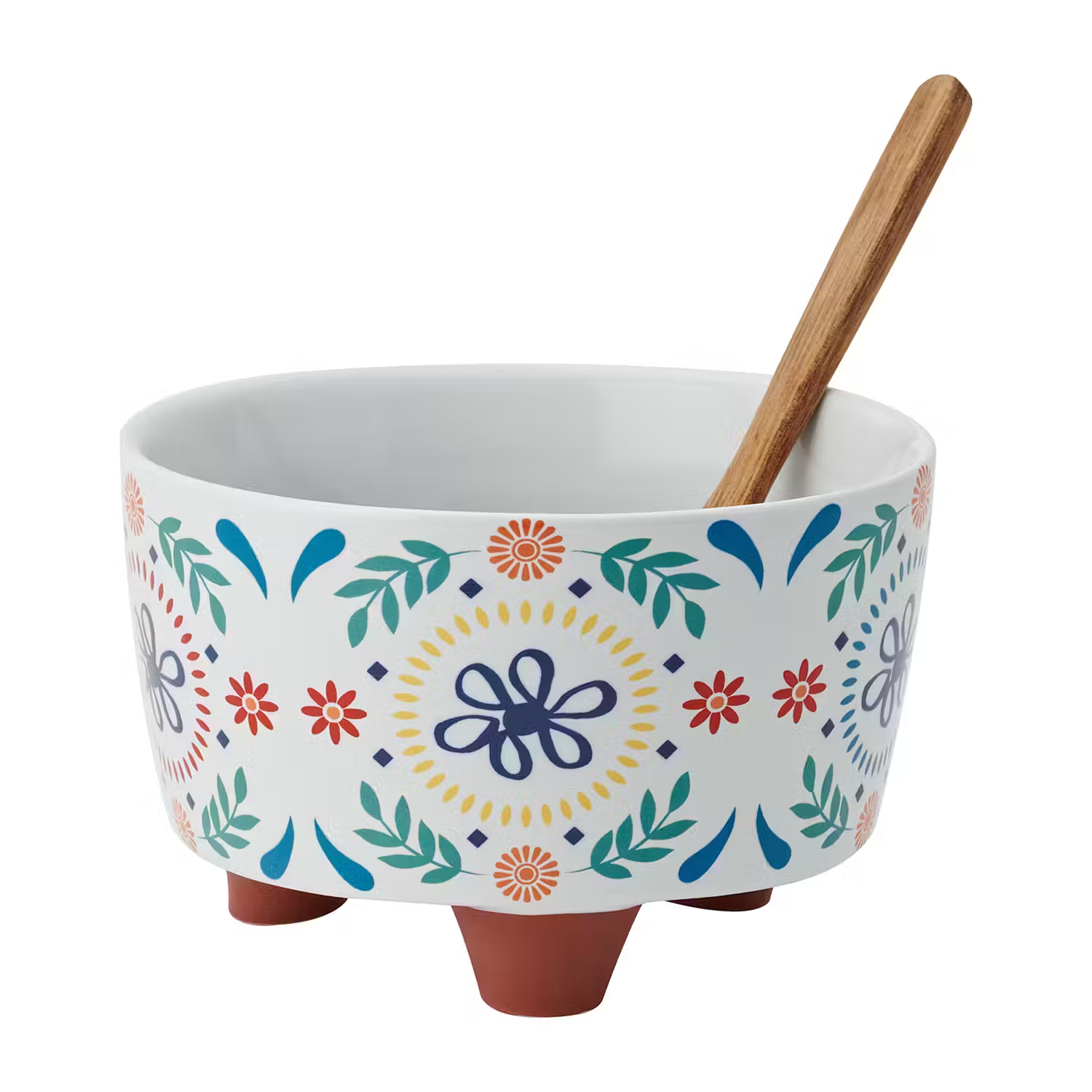 a salsa bowl decorated with leaf and flower patterns