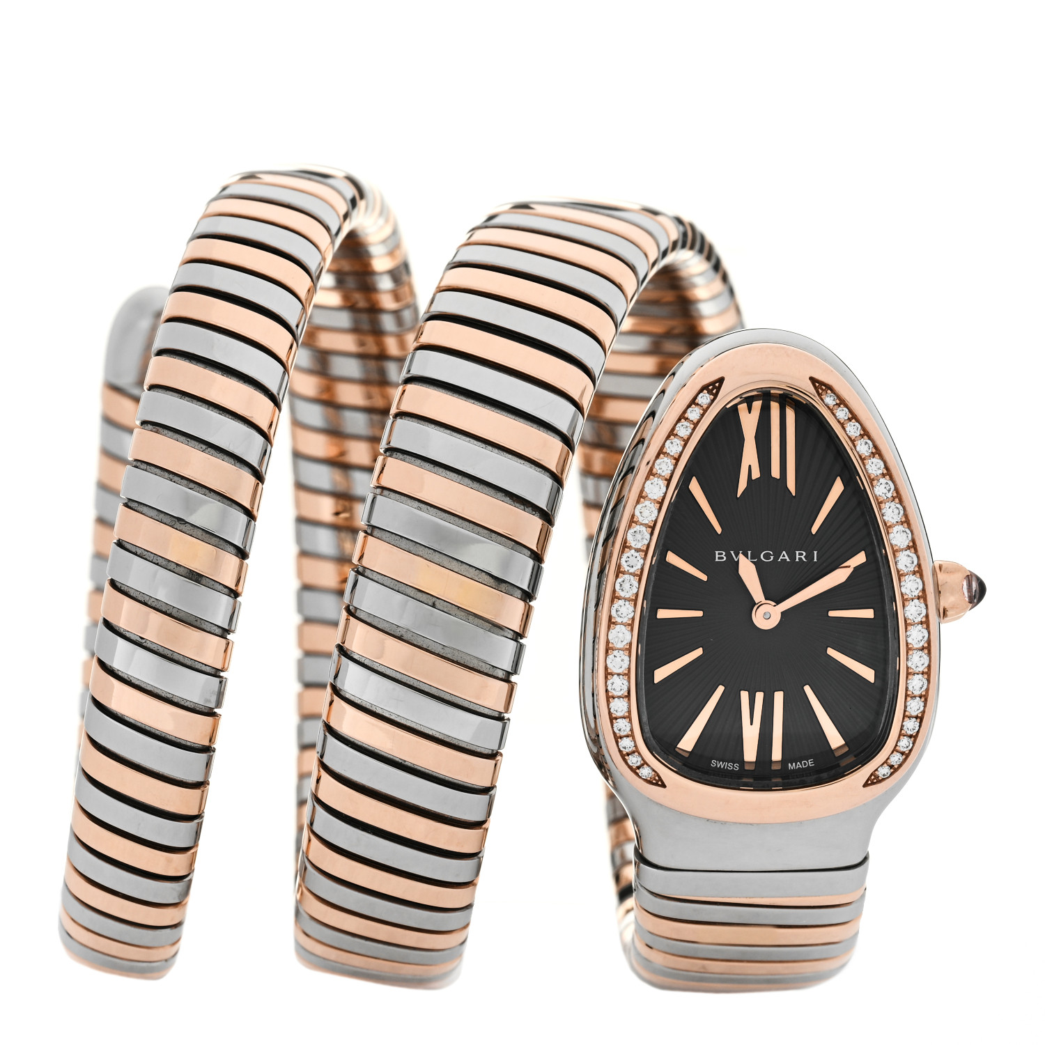 BULGARI Stainless Steel 18K Rose Gold Diamond Bezel 35mm Serpenti Tubogas Double Spiral Quartz Watch with a Black dial by FASHIONPHILE