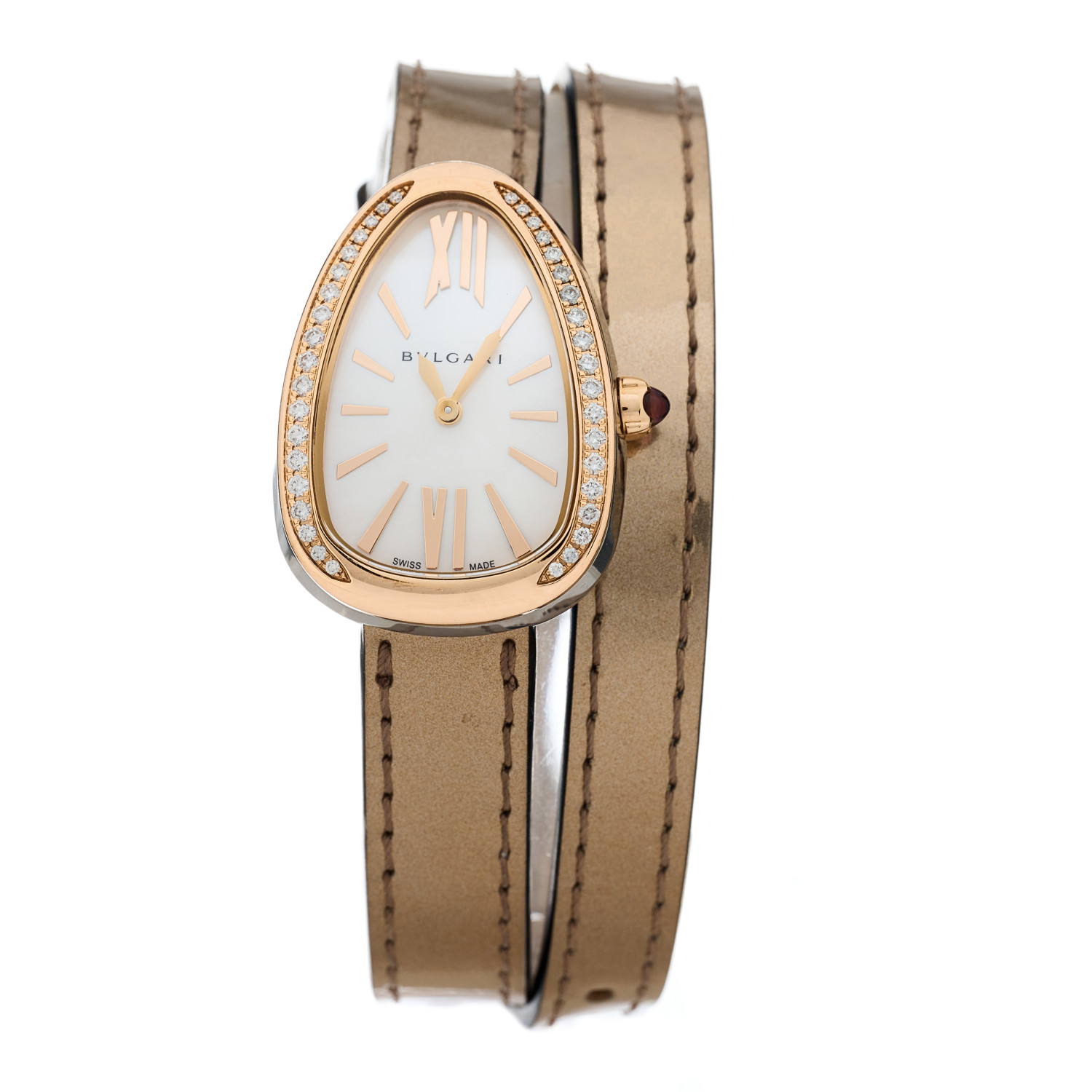 BULGARI Stainless Steel 18K Rose Gold Patent Diamond Bezel Mother of Pearl 20mm Serpenti Double Wrap Quartz Watch in the color bronze by FASHIONPHILE