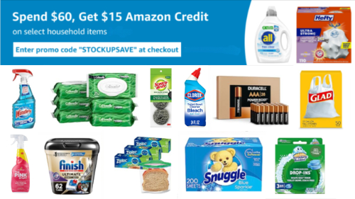 $15 Amazon Credit When You Buy $60 of Select Household Essentials