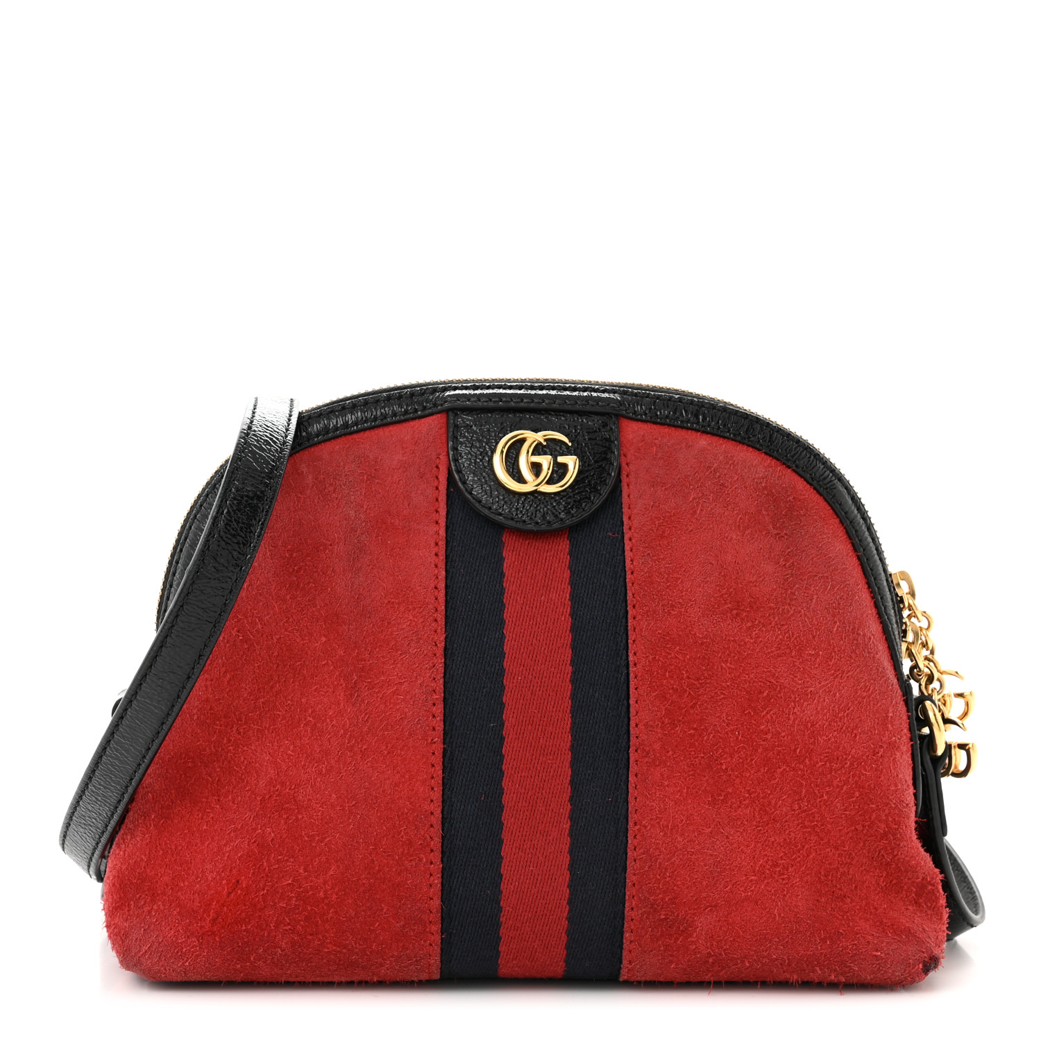 GUCCI Suede Patent Web GG Small Ophidia Dome Shoulder Bag in the color Hibiscus Red by FASHIONPHILE