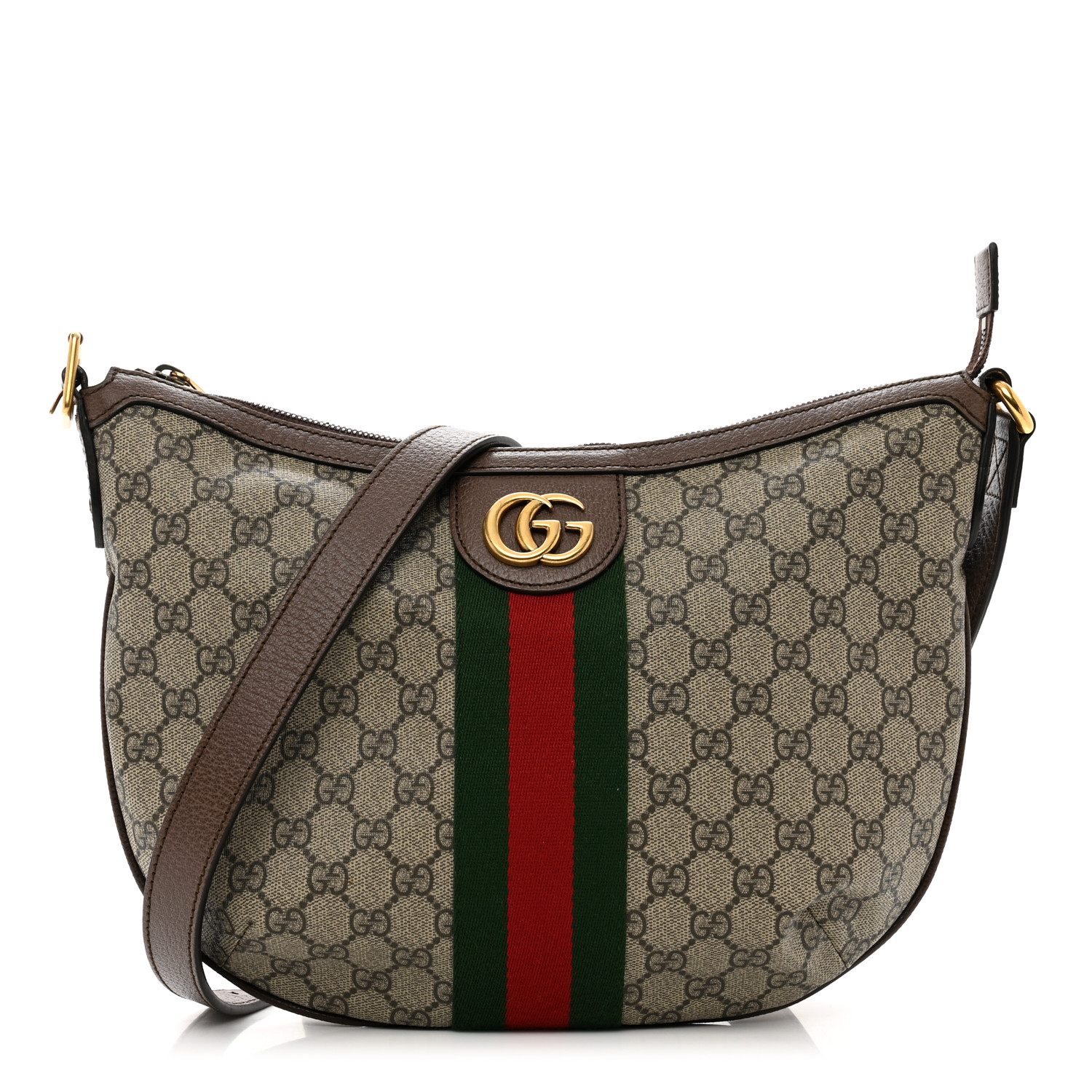 GUCCI GG Supreme Monogram Web Small Ophidia Half Moon Hobo in the color Brown by FASHIONPHILE