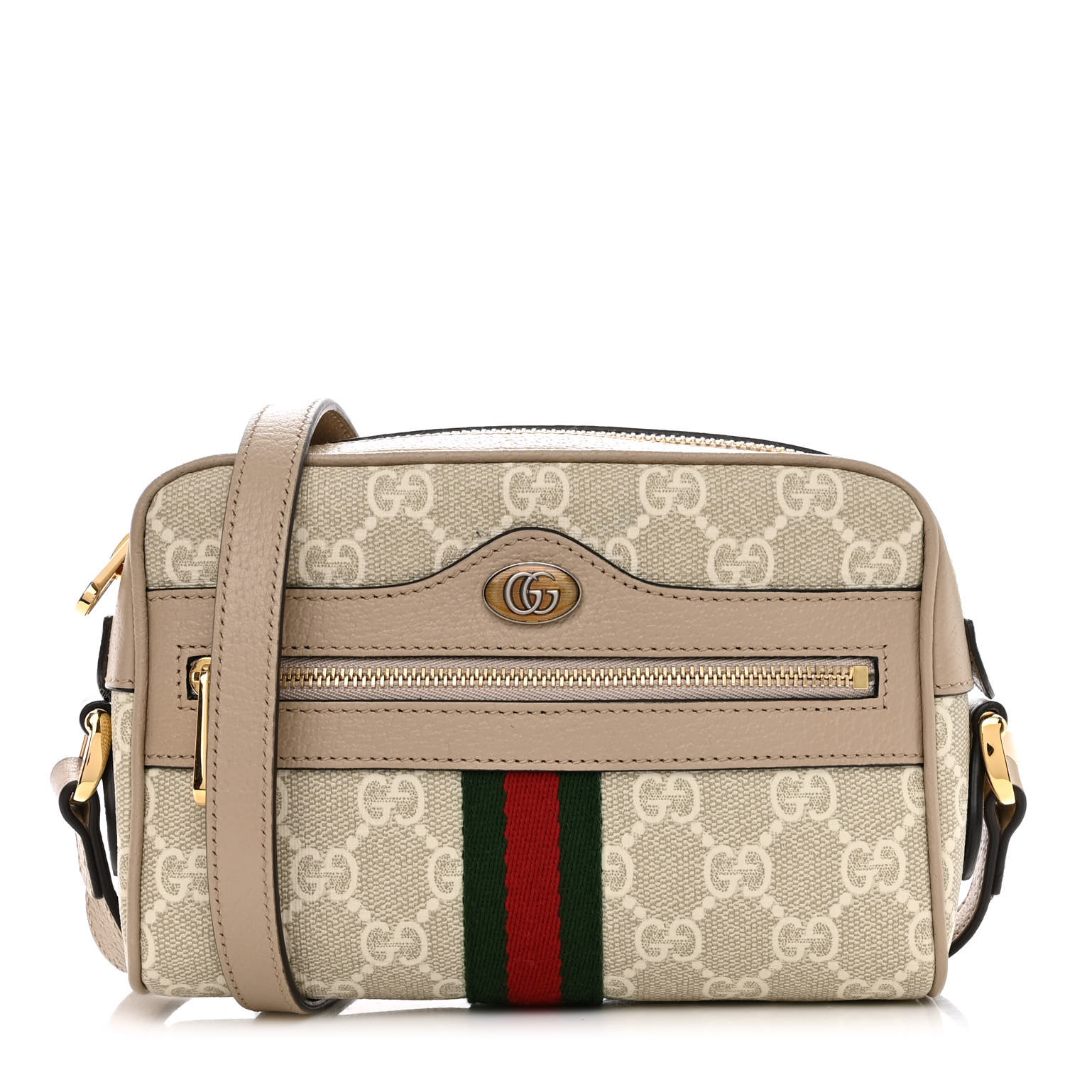 GUCCI GG Supreme Monogram Textured Calfskin Web Mini Ophidia Shoulder Bag in the colors Beige Mystic White Oatmeal by FASHIONPHILE