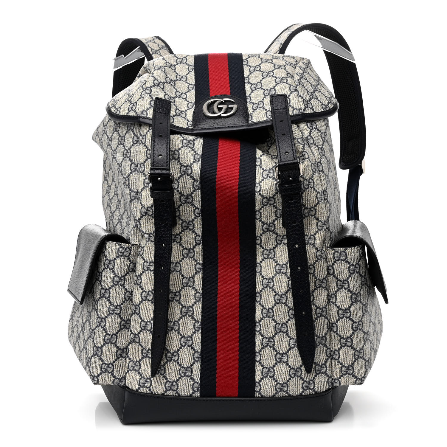 GUCCI GG Supreme Monogram Medium Ophidia Double Buckle Backpack in the colors Beige Blue and Black by FASHIONPHILE