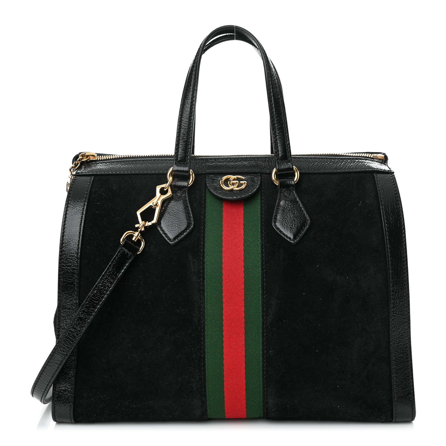 GUCCI Suede Patent GG Web Medium Ophidia Tote Bag in the color Black by FASHIONPHILE