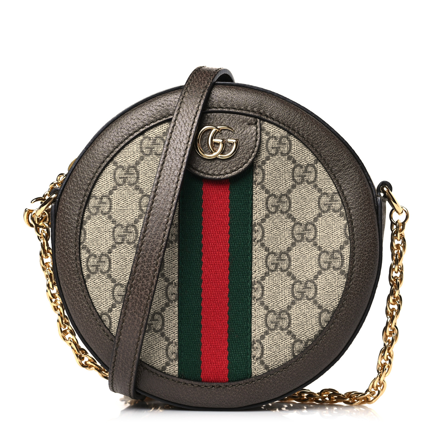 GUCCI GG Supreme Monogram Web Mini Ophidia Round Shoulder Bag in the color Brown by FASHIONPHILE