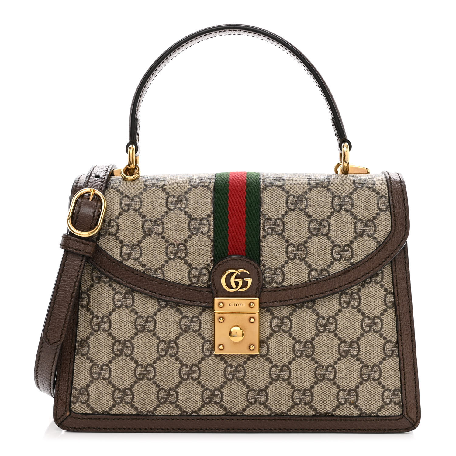 GUCCI GG Supreme Monogram Textured Dollar Calfskin Web Small Ophidia Top Handle Bag in the colors Beige Ebony New Acero by FASHIONPHILE