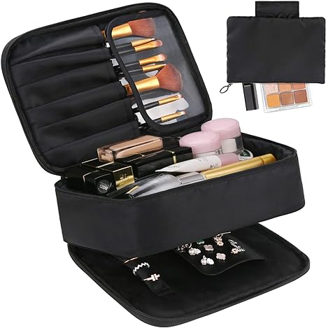Makeup bag and Jewelry Bag for Women, 2 in 1 Travel Make Up Bag Organizer with Compartments Portable Waterproof Makeup Case for Cosmetics Brushes Necklaces Earrings Bracelets Toiletry by DIMJ (Black)
