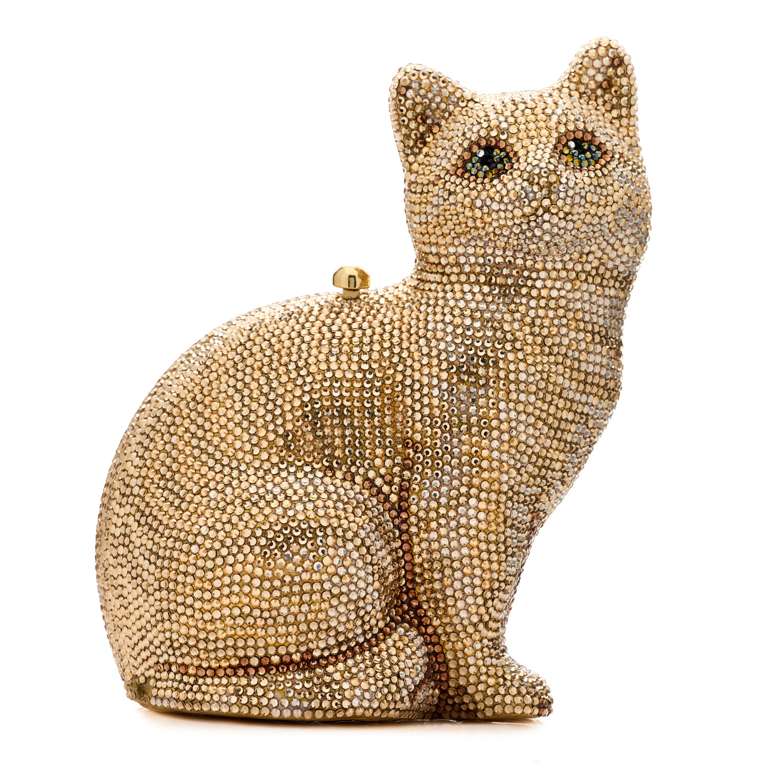 JUDITH LEIBER Swarovski Crystal Cat Minaudiere Clutch in the color Gold by FASHIONPHILE
